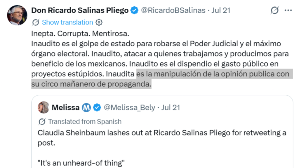 Salinas Pliego: arremete contra Sheinbaum tras exigencia de disculparse por mensaje contra migrantes