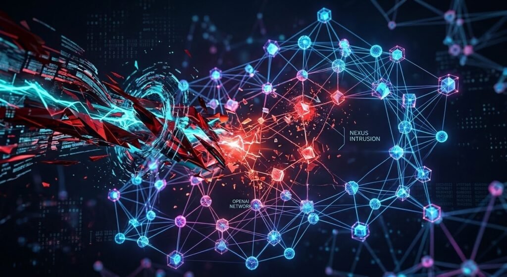 Representación de un enjambre de agentes de inteligencia artificial vulnerando una red digital